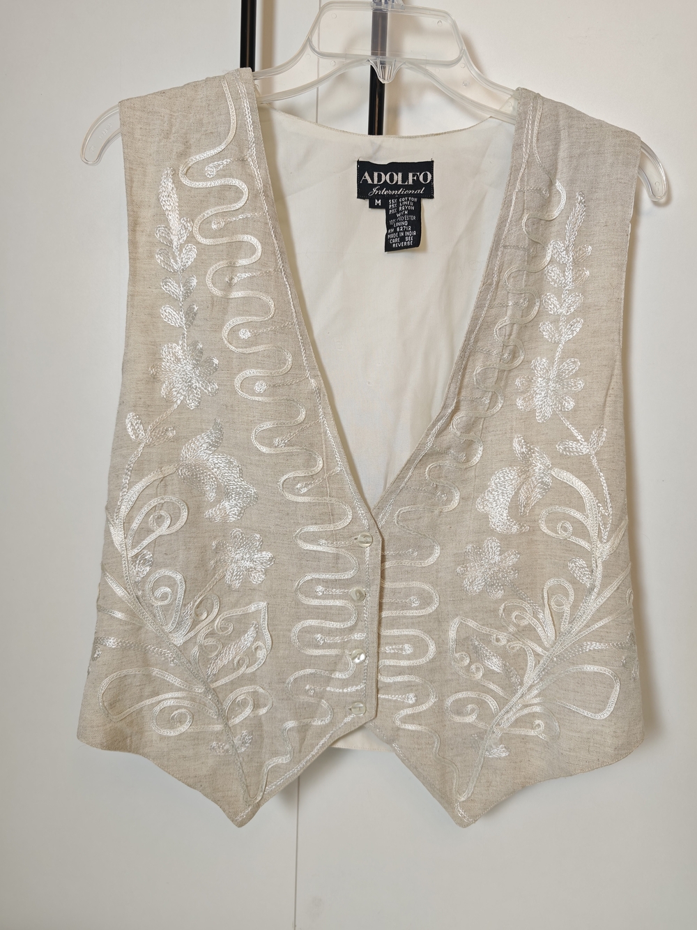 Adolfo International Embroidered Linen Vest Tan White Floral V-Neck Size M